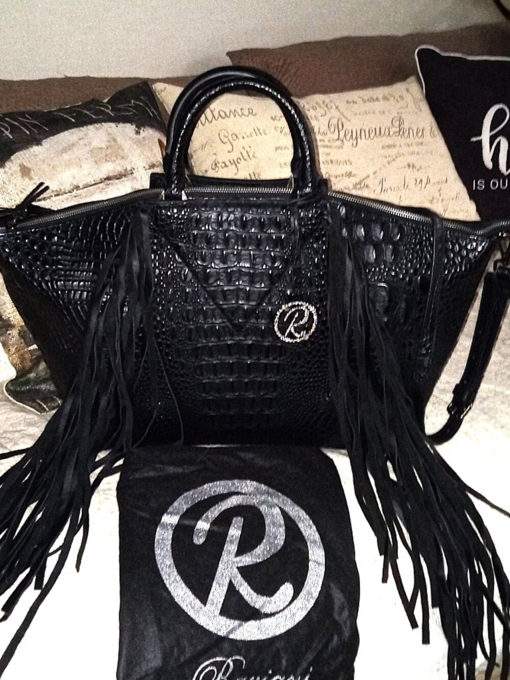 Raviani  Large Black Fringe Croc Embossed Leather Satchel Shoulder Bag